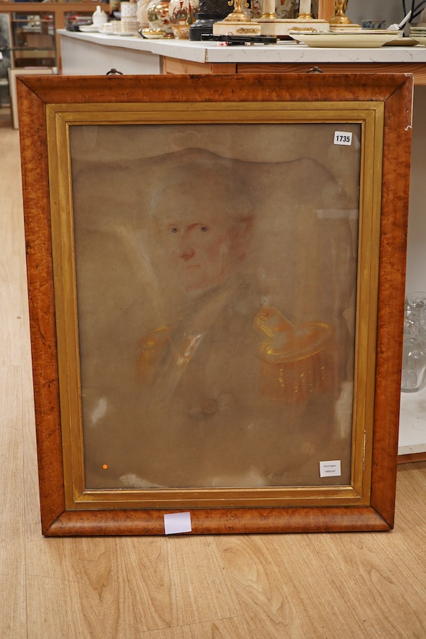 Mid 19th century English School, Portrait of an officer in uniform, indistinctly signed and dated 1866, pastel, 69 x 52cm, housed in a bird's eye maple framed